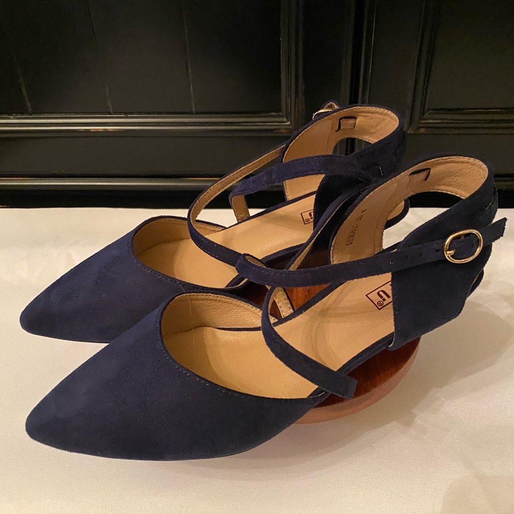 IDIFU Navy Blue Suede Dress Kitten Heels